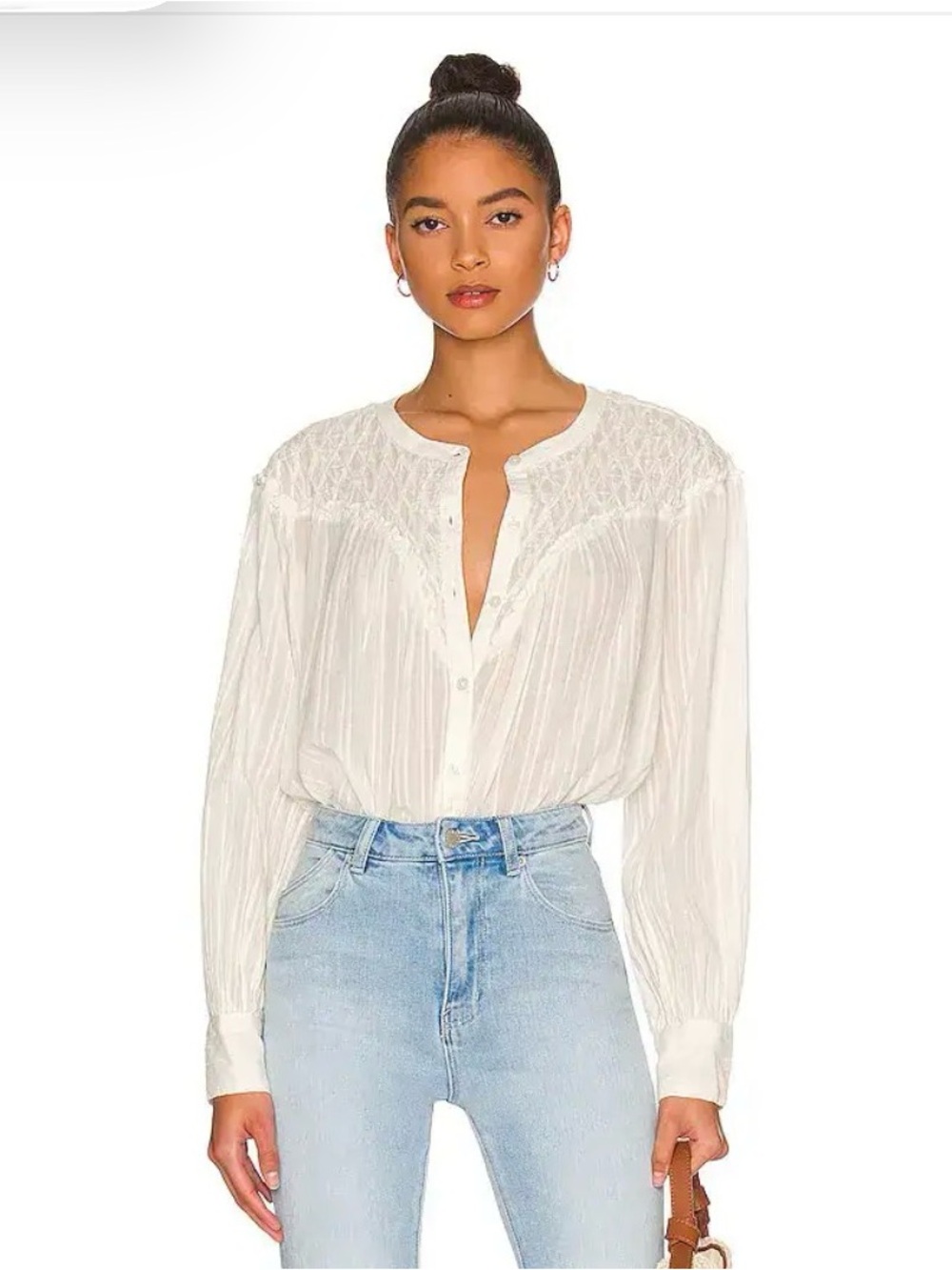 Free People Marigold Buttondown Top Ivory Textured Blouse Size Medium